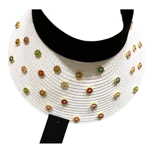 White black bejeweled faux precious‎ stones raffia straw sun visor hat new main image 6